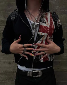 Y2K American Black Fashion Trend Flag Printed Hip Hop Men and Women Zipper Hoodies Casual Punk Loose Zipper Streetwear 260304