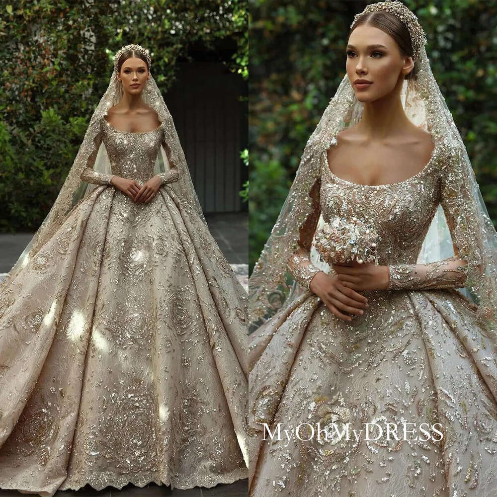 Gorgeous Women Wedding Scoop Neck Long Sleeves Bridal Gowns Sequins Appliques Court Train Dress Custom Made Vestidos De Novia D0306
