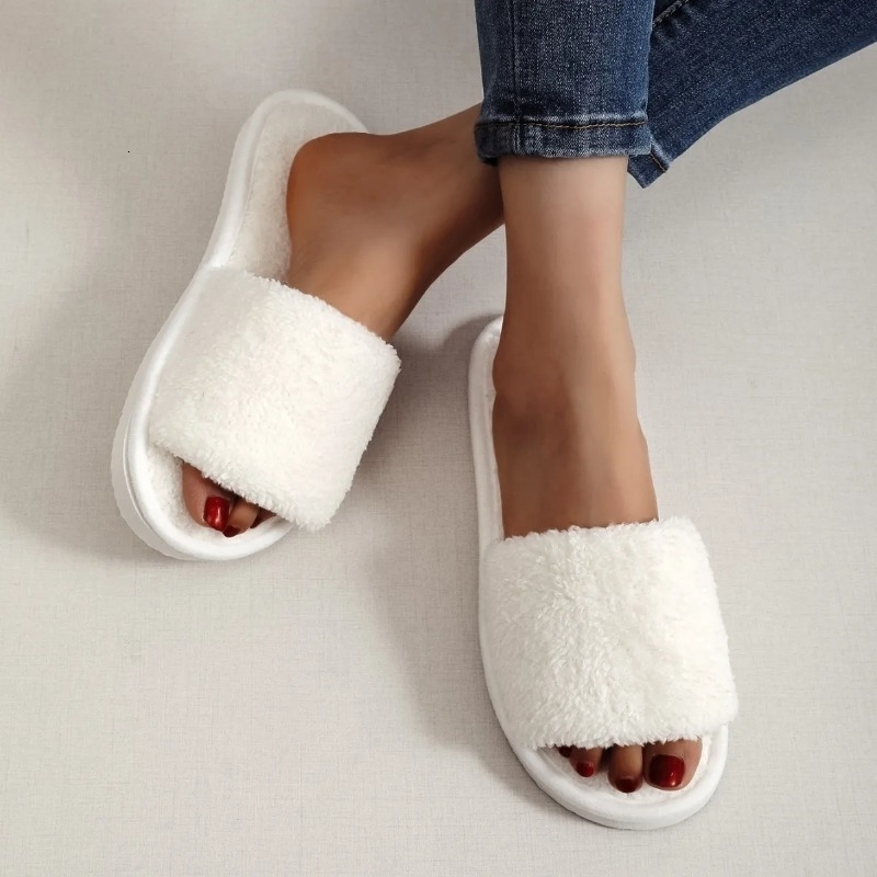 Four Seasons Womens Home Slippers Slides Sandals Shoes White Fur Warm Plush Comfortable Lightweight Flat 260305