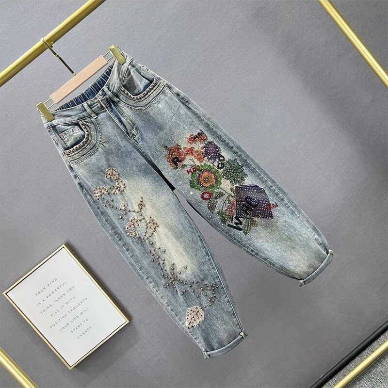 Mardi Hefxessdr Fashion Rhinestones Harem Jeans Female Spring New High Waist Loose Slimming Heavy Industry Printed Baggy Pants Women pants jeans women