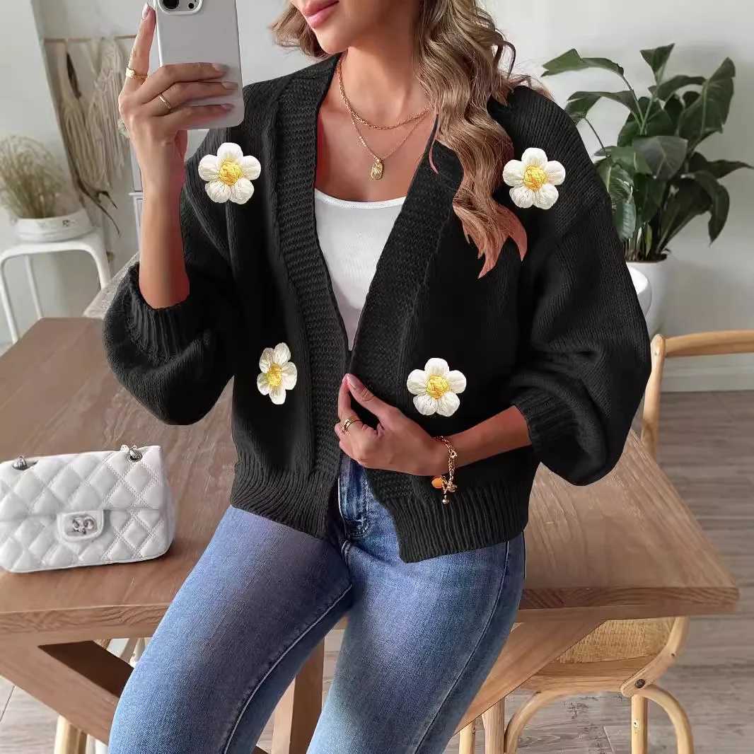 Women Cardigan Sweater Coat Flower Knitted Jacket V Neck Lantern Sleeve Knitwear 2025 Autumn Winter Casual Knitting Outerwear M260306