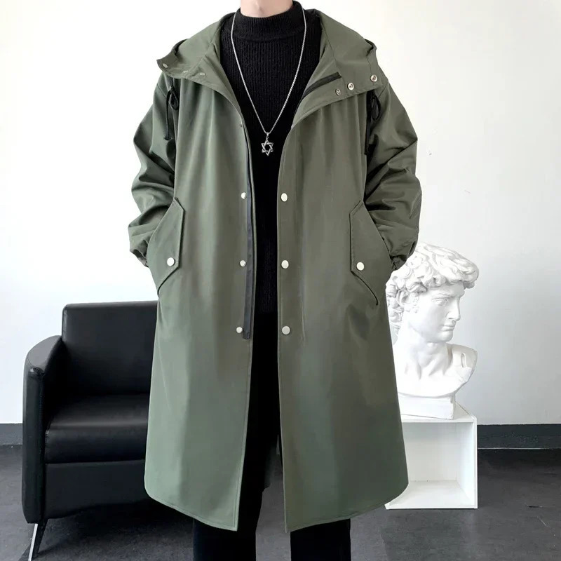 Mens Black Long Hooded Trench Coat Oversized Loose Fit Windbreaker Fashion Casual Waterproof Jacket 2026 Korean Streetwear 260302