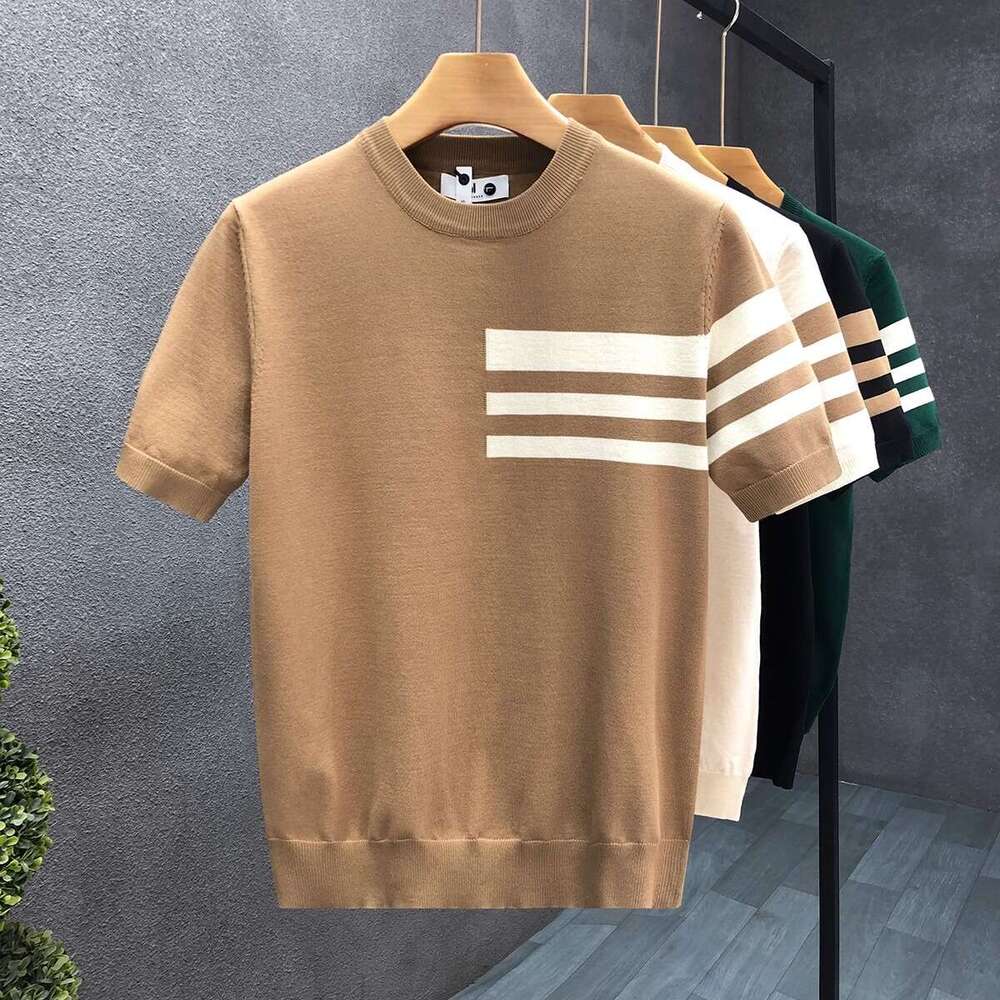 Summer New Short Sleeve Knitted Shirt for Men, Striped Simple Business Style, Slim Fit Ice Silk T-Shirt, Export Cross-Border Wholesale