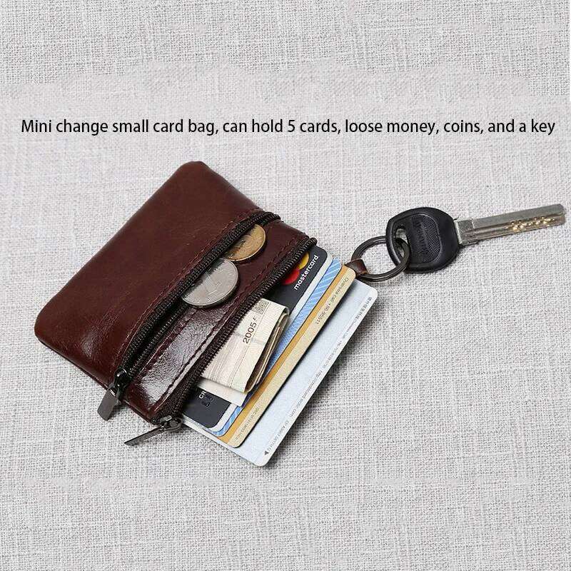 Leather Mini Coin Purse Unisex Simple Portable First Layer Cowhide Retro Handmade Zipper Small Wallet Key Case C260304
