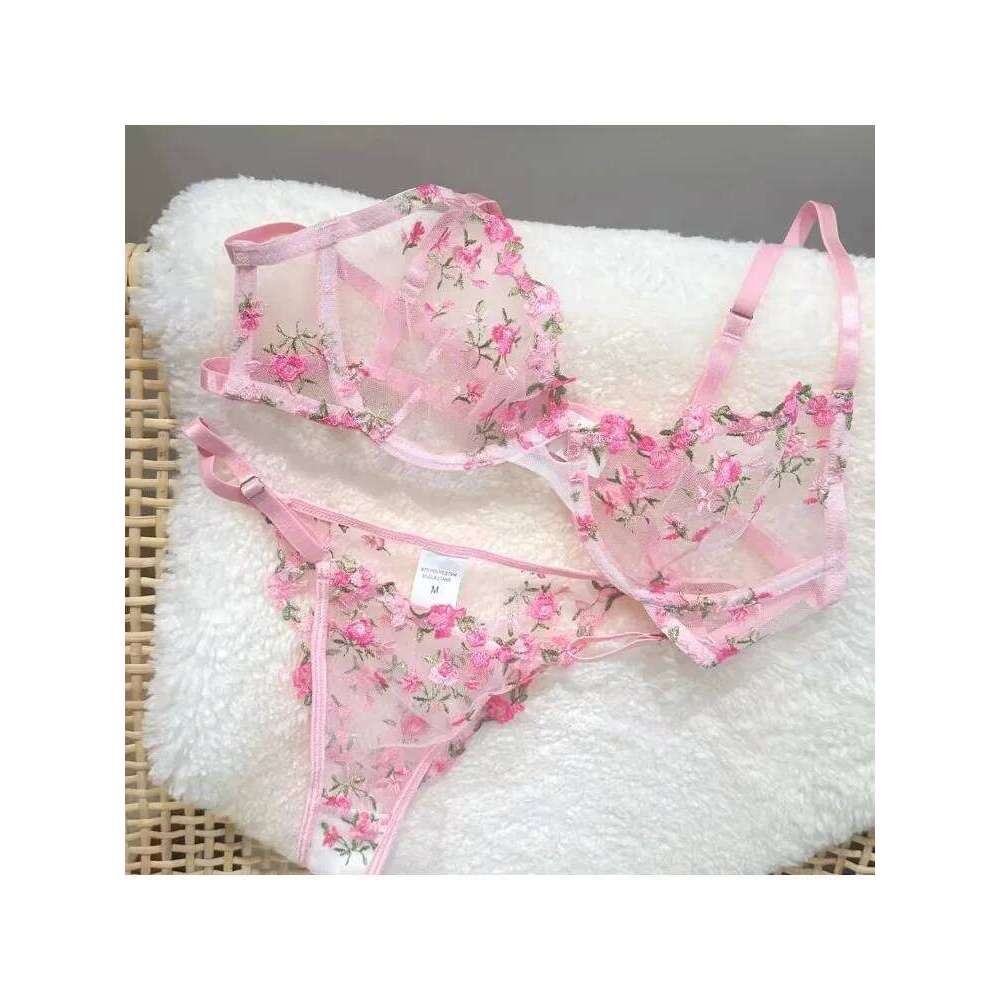 YUQI French Elegant Lingerie Set-Floral Embroidery Semi-Transparent Bra & Brief,Black Sensual Women's Underwear Luxury Intimates
