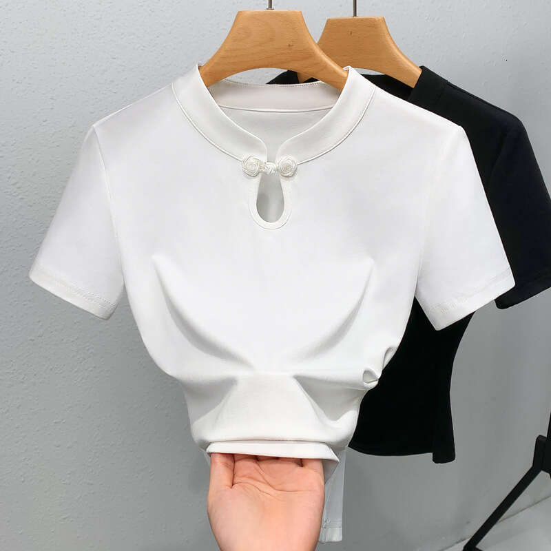 New Chinese style solid color hollow temperament top female retro short sleeve design sense T-shirt Chinese style buckle top versatile commuting offic
