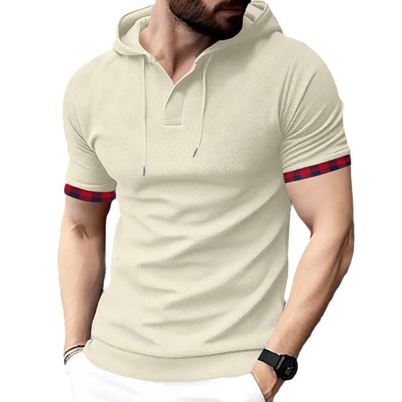 Men's Plaid Cuff Spliced Hooded T-shirt Casual Henley Neck Short Sleeve Tee Top