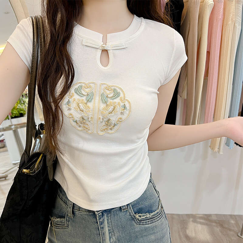 Summer Hot Sale Women's Slim Fit Short Sleeve T-Shirt Waist Cinched Y2k Spicy Girl Style Chinese style casual belly button embroidery top
