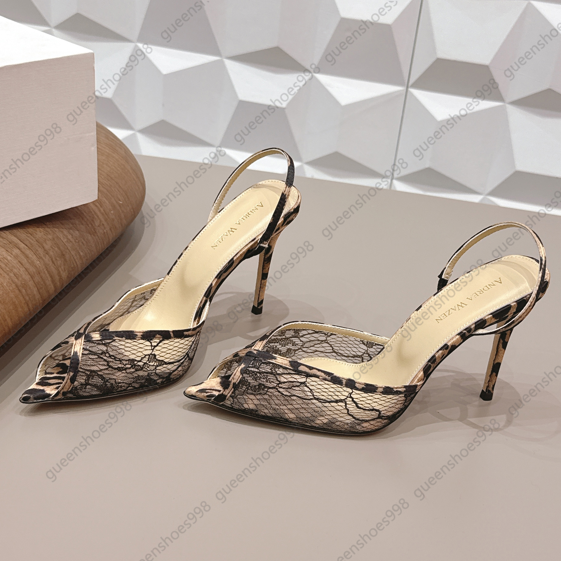ANDREA WAZEN Leopard Lace High Heels Dress Shoes Crystal Fashion Luxury Designer Sandals Womens Mesh Hollow out Rhinestones Party Shoes Casual Satin Wedding Shoes