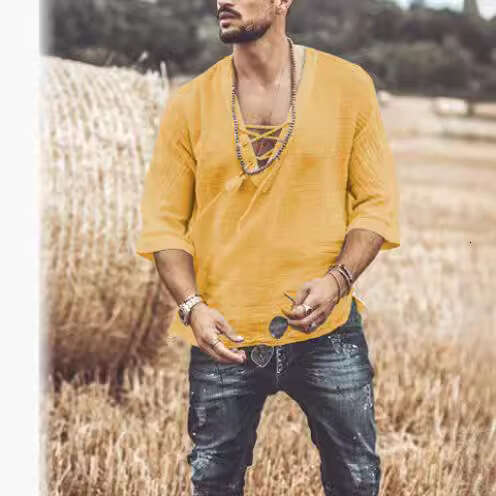 2025 New European and American Style Wish Amazon Hot Men's Chest Tie Eyelet Short Sleeve T-Shirt Shirt