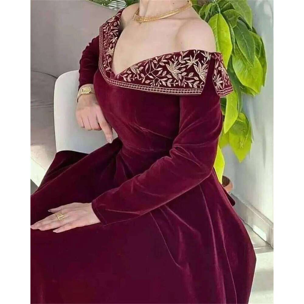 Off The Shoulder Prom Long Sleeves Pleated Embroidery Ankle Length Evening Party Dresses