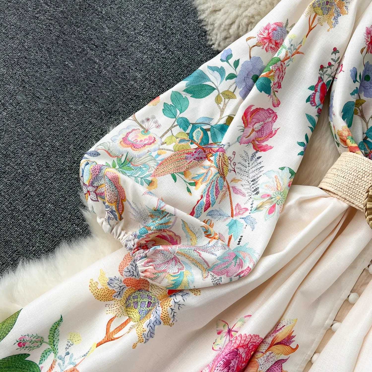 Summer Holiday Flower Robe Dress Women Lace Splicing V-Neck Long Lantern Sleeve Sashes Floral Print Maxi Vestidos Clothes 6272 X260306