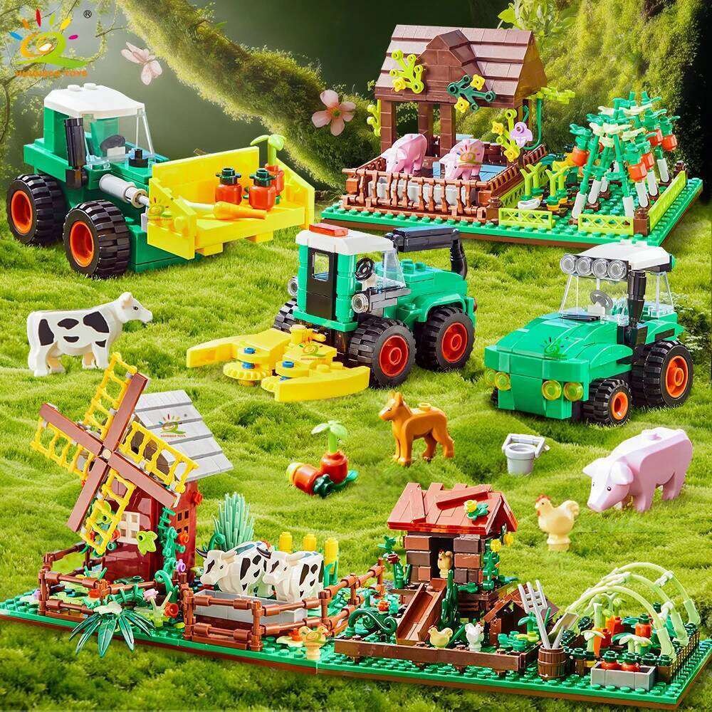 HUIQIBAO MOC Farm Truck Pigsty Windmill House Building Block Farmer Tractor Vehicle Car Brick City Construction Toy For Children Z260306