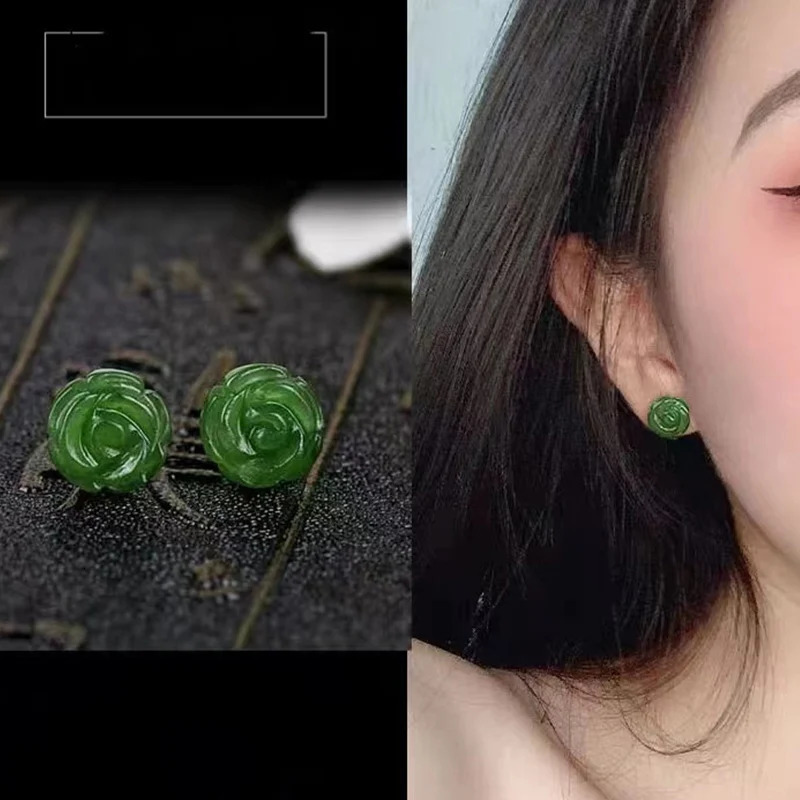 PANJBJ 925 Sterling Silver Rose an Jade Earring for Women Girl Ethnic Style Versatile Temperament Jewelry Gift Drop 260303