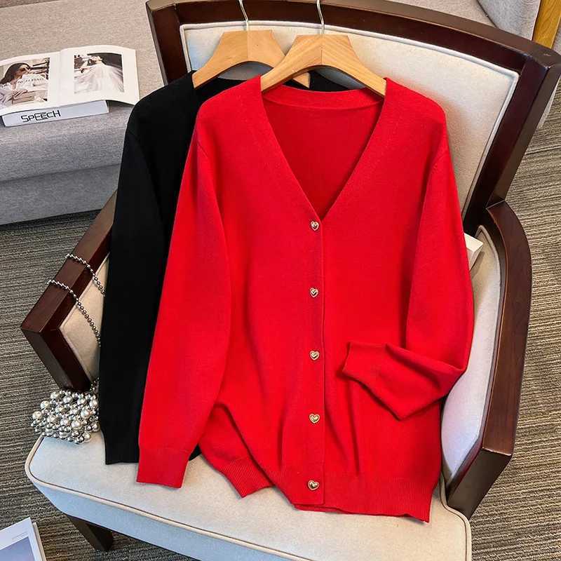 170Kg Plus Size Womens Bust 160 Spring Autumn Loose V-Neck Cardigan Sweater Knitted Jacket Black Res 4XL 5XL 6XL 7XL 8XL 9XL M260306