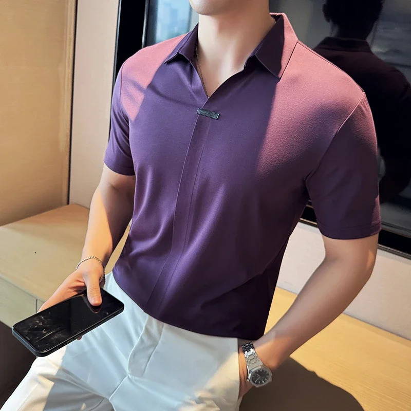 Stretchable Mens V-neck Polo Shirt High-quality Lightweight Short-sleeve T-shirt Slim-fit Polo Shirt Invisible Ice Silk 260304