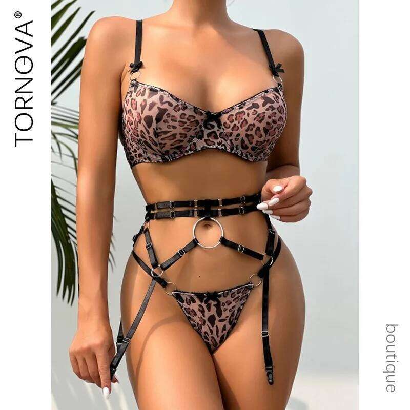 Tornova Lingerie for Women Three-piece Set of Leopard Print Perspective Sexy Hollow Out Garters Underwear Suit
