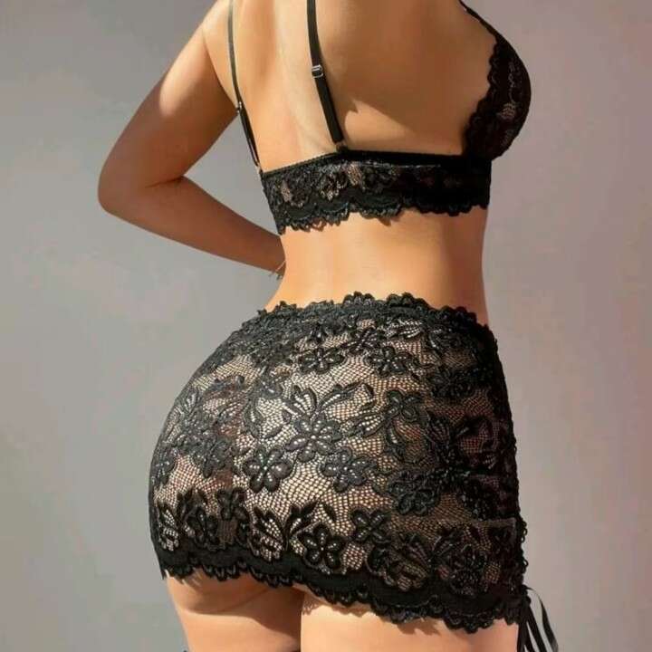 Women Black Lace Criss-Cross Garter Skirt with Mesh Panel Sexy, Edgy & Perfect for Night Out, Party or Photo Shoot