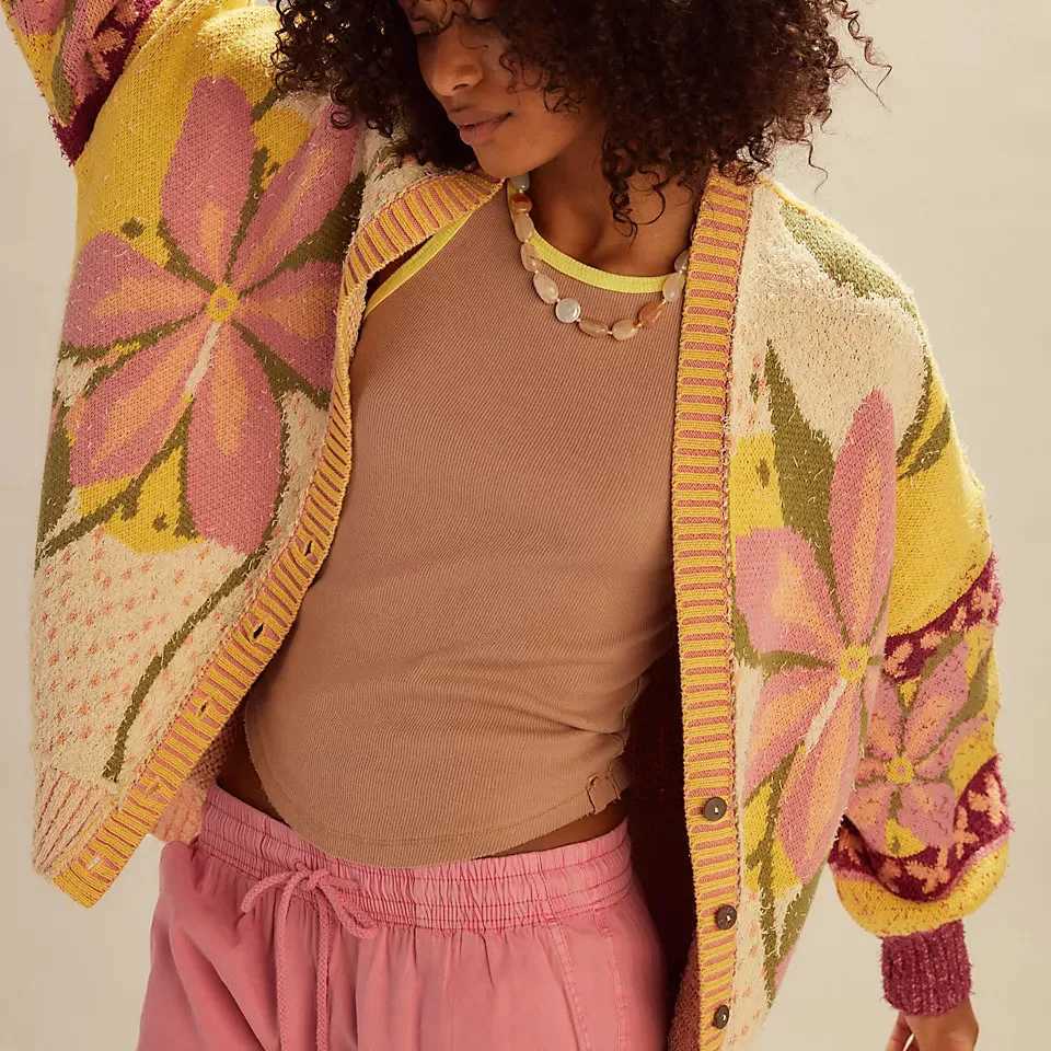 Women Knit Cardigan Long Sleeve Button Closure Flower Fall Winter Casual Jacket Sweater Y2K Vintage Streetwear M260306