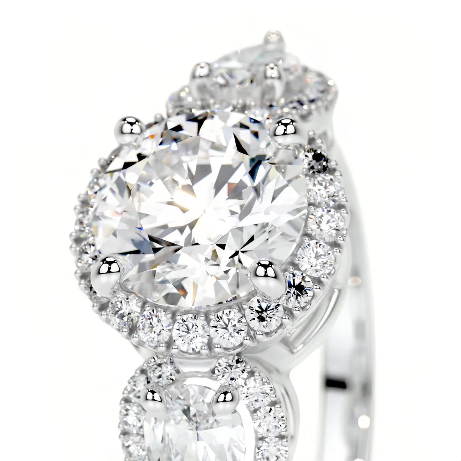 Abiding GRA Certified 15 Moissanite Three Stone Ring Round Brilliant Cut 75MM Halo Pav Prong Round Pear Ring in Gold