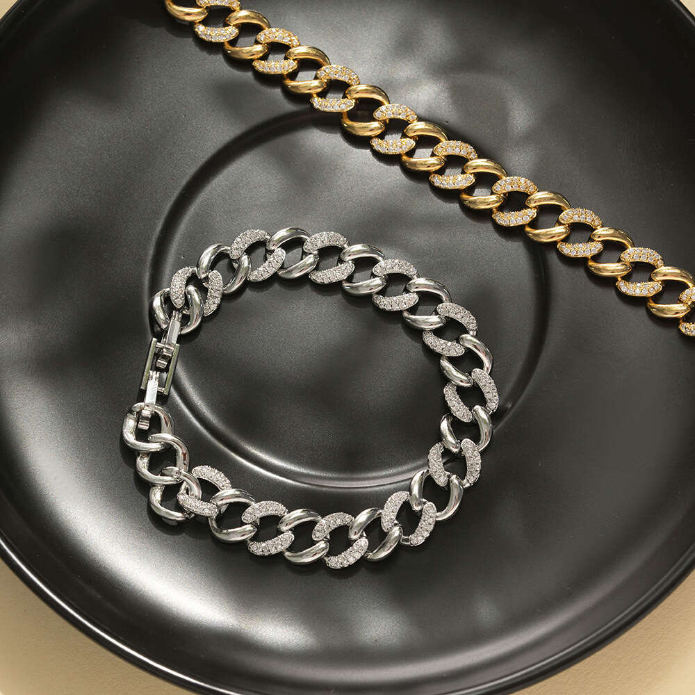 Cross-Border Cuban Chain Hip-Hop European and American Brass Gold-Plated Full Diamond Luxury Bracelet Simple Hong Kong Street Style Jewelry