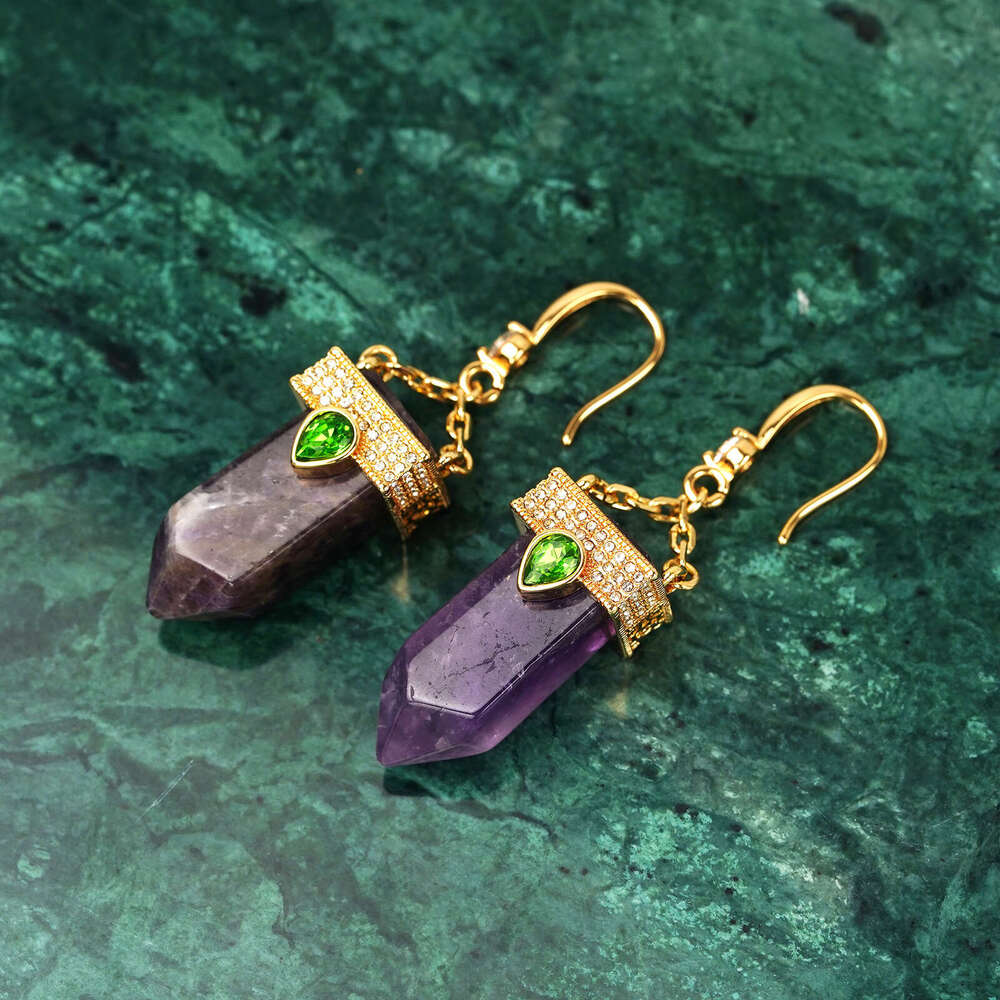 Vintage Purple Natural Stone Pendant Necklace Sweater Chain Choker Geometric Earrings Hooks Light Luxury High-End Ear Accessories High-Quality