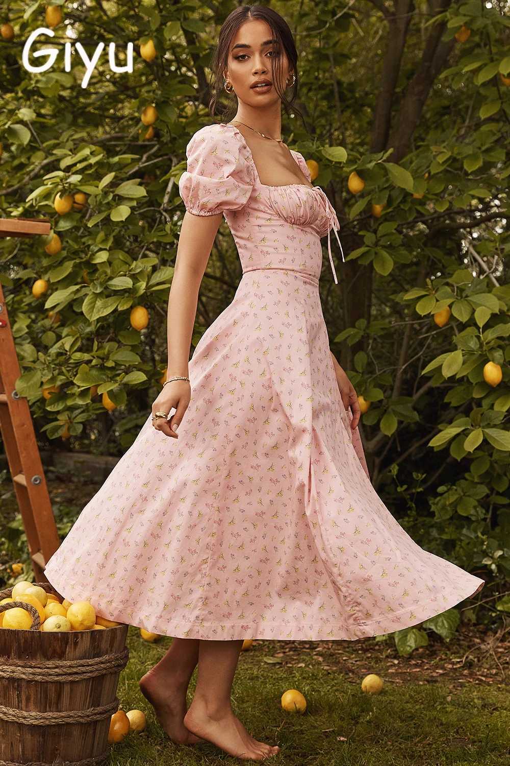 Giyu Sexy Vintage Floral Flower Print Dress Women 2023 Summer Puff Sleeve Lace Up Split Long Dresses Eelgant Holiday Party Robe X260306