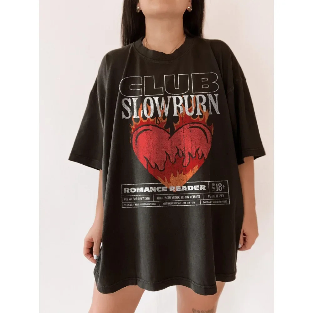 Slow Burn Book Club Shirt Bookish Shirt Romance Women Cotton Casual Loose Short Sleeve T Shirt Vintage O Neck Top Tee Clothes 260304