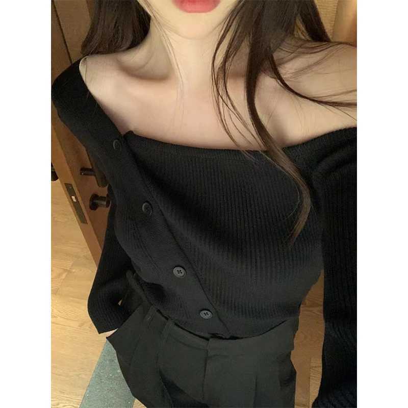 MEXZT Irregular Black Sweater Women Fashion Sexy Off Shoulder Knitted Pullovers Korean Elegant Knitwears Winter Design Jumpers M260306