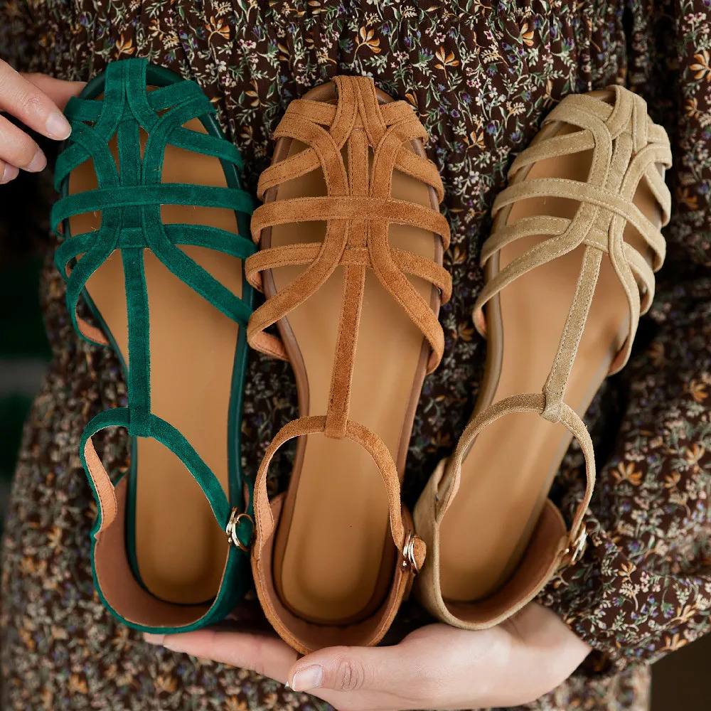 Womens natural suede leather narrow band braided t-strap flats sandals round toe casual female footwear summer shoes for women 260305