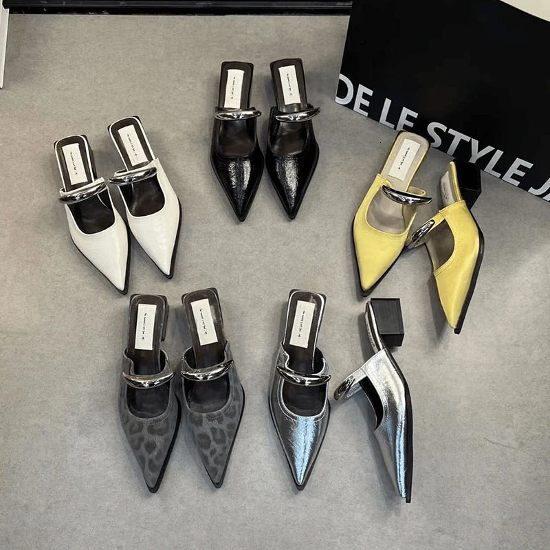 Summer Women Cover Toe Mules Slippers Fashion Metal Decoration Thick Heel Slide Shoes Comfort Street Style Footwear 260303