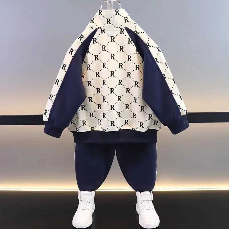 Kids Tracksuits 2Pcs, 2-10Y Boys R Letter Splicing Cotton Jacket & Pants Set, Spring Autumn Korean Fashion Sport Leisure OutfitsT260306
