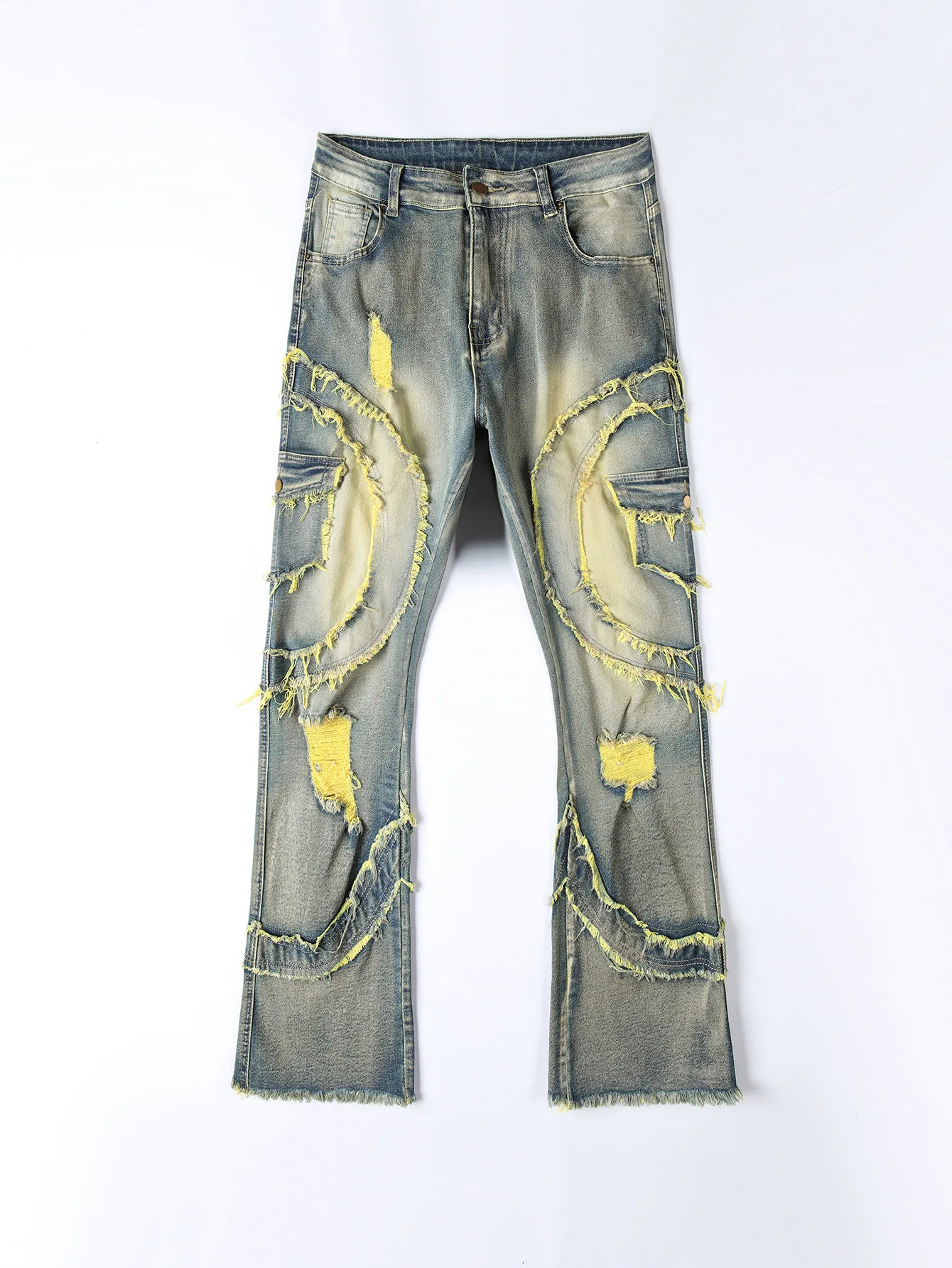 2025 European and American mens casual jeans street punk fashion retro ripped hole slightly flared tassel elastic 260228