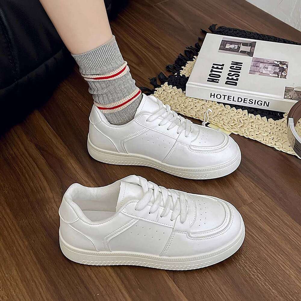 2025 Spring Women's Outdoor Sports Solid Color White Faux Leather Lace-Up Shoes Athletic Sneakers For Casual Activit