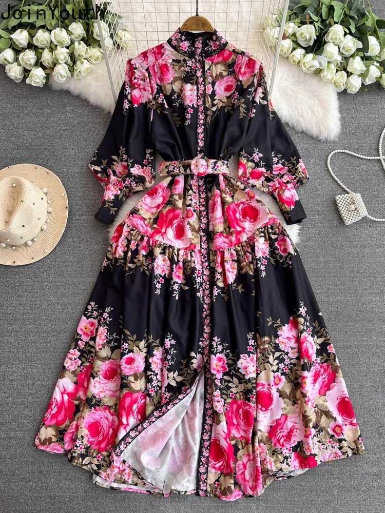 2025 Vestidos De Mujer Summer Dresses Women Print Floral Single Breasted Long Robe Femme High Waist Vintage Elegant Maxi Dress X260306