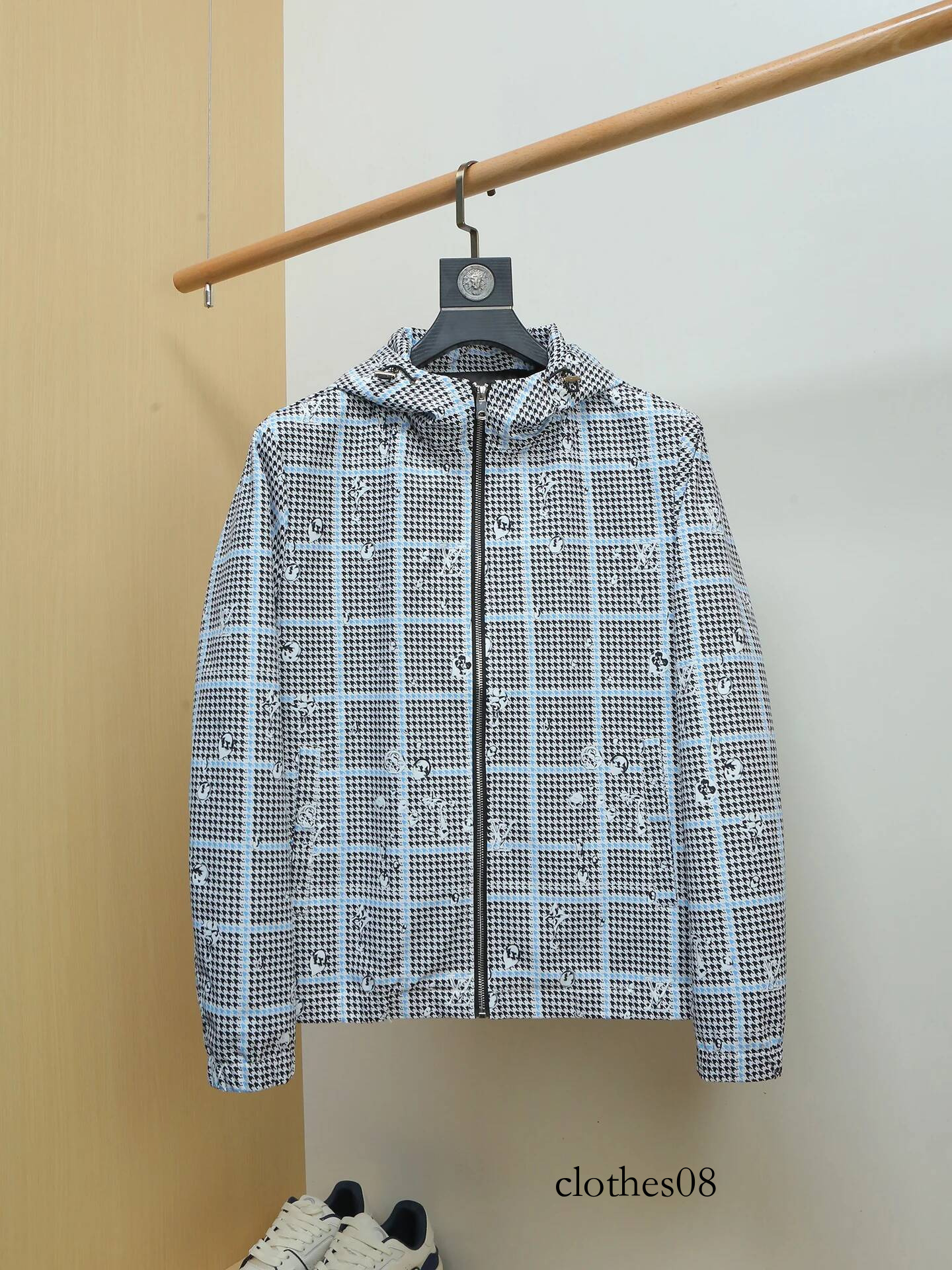 Spring Thin Plaid Print Jaet Men's Trendy Versatile Top Youth Slim Fit Hooded Outerwear Breathable Polyester Long Sve Zi...
