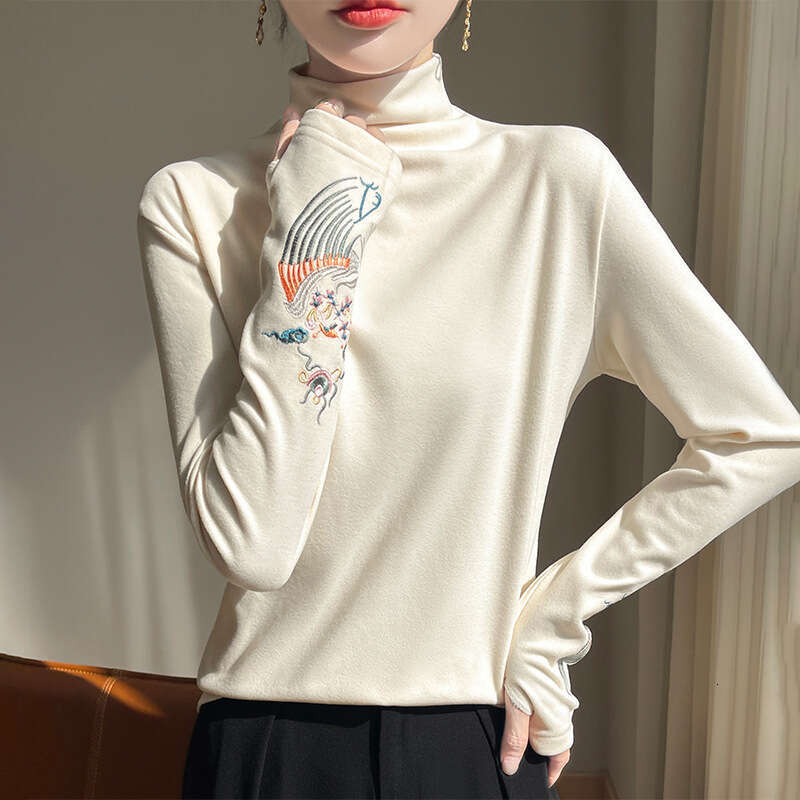 New Chinese Sle Embroidered f High Collar Thiened Fce Warm Inner Wear Loose Knitted Sweater for Women Winter Season