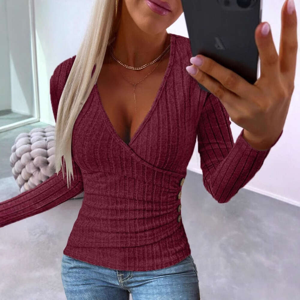 European and American New Designer 2025 Autumn Ribbed Button Knit Pullover V-Neck Slim Fit Long Sleeve T-Shirt for Women