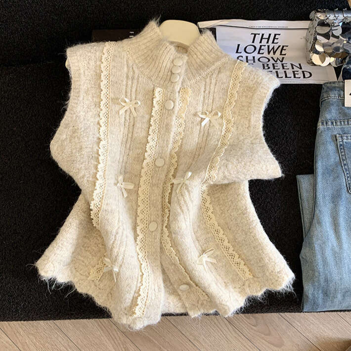 Lace Trimmed Half-High Collar Knit Vest for Women, Designer Spring Layered Soft Sleeveless Waistcoat, Trendy A10322
