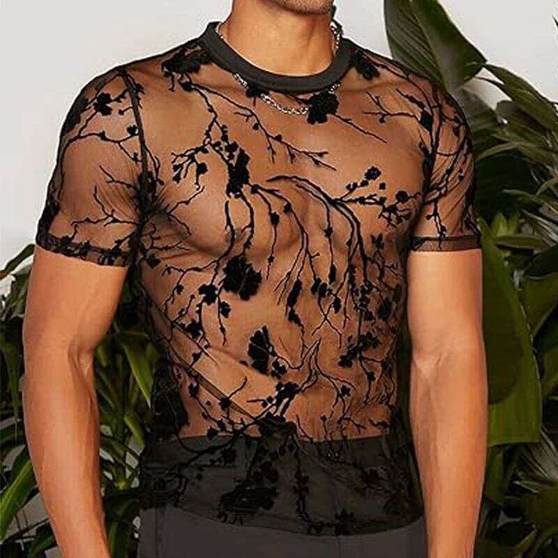 Summer Men's Clothing Mesh Lace Knit T-shirt Streetwear Hollow-Out O Neck Sweater Short Sleeve Tees Rose Printed Knitwear 26H0306
