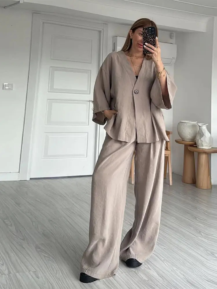 Solid Cotton Linen Shirt Pants Suits Women V-neck Long Sleeve Single Button Tops High Waist Wide Leg Pants Casual Ladies Outfits 260305