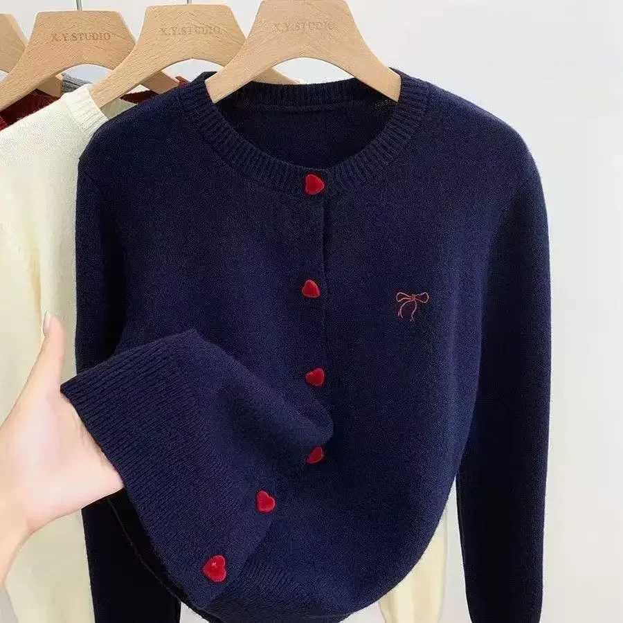 2026 Korean Casual Solid Knitting Tops Women Knitted Cardigan Bow Embroidery O-Neck Single Breasted Heart-shaped Button Sweater M260306