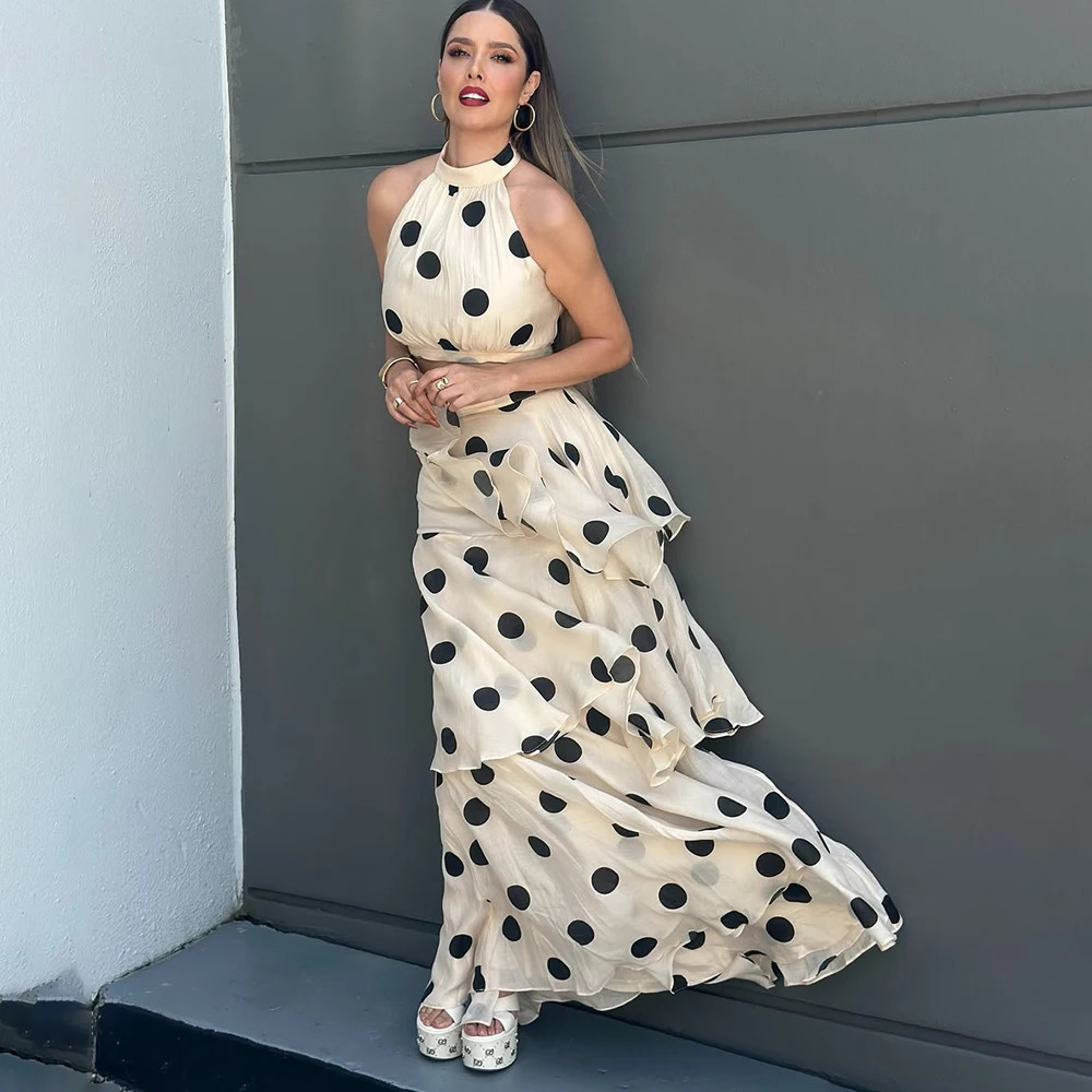 Tuularose Women Long Dress 2 Piece Elegant Polka Dot Sleeveless Top Ruffle Pleated Dress Set Party Sexy Female Dress Set 260304