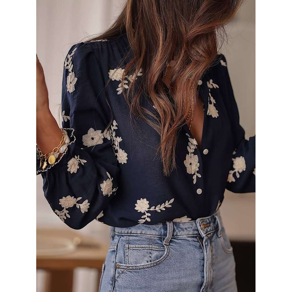 Mardi Hefxessdr Women Floral Embroidered Shirts Female Lantern Sleeve Stand Collar Blouses Spring Chic Lady Loose Button Tops Chinese style shirt wome