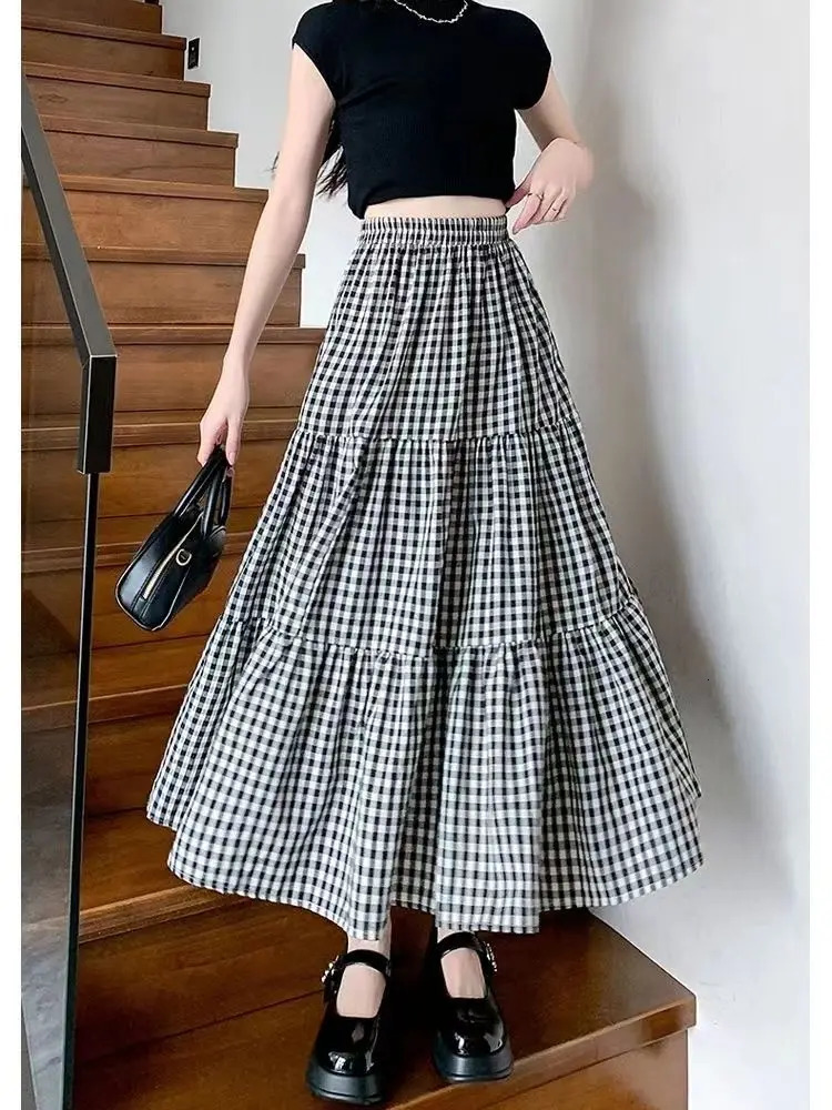 Patchwork Tiered Skirt Women Summer Vintage Checkered High Waisted Elastic Waist Slimming Midi Skir 260306
