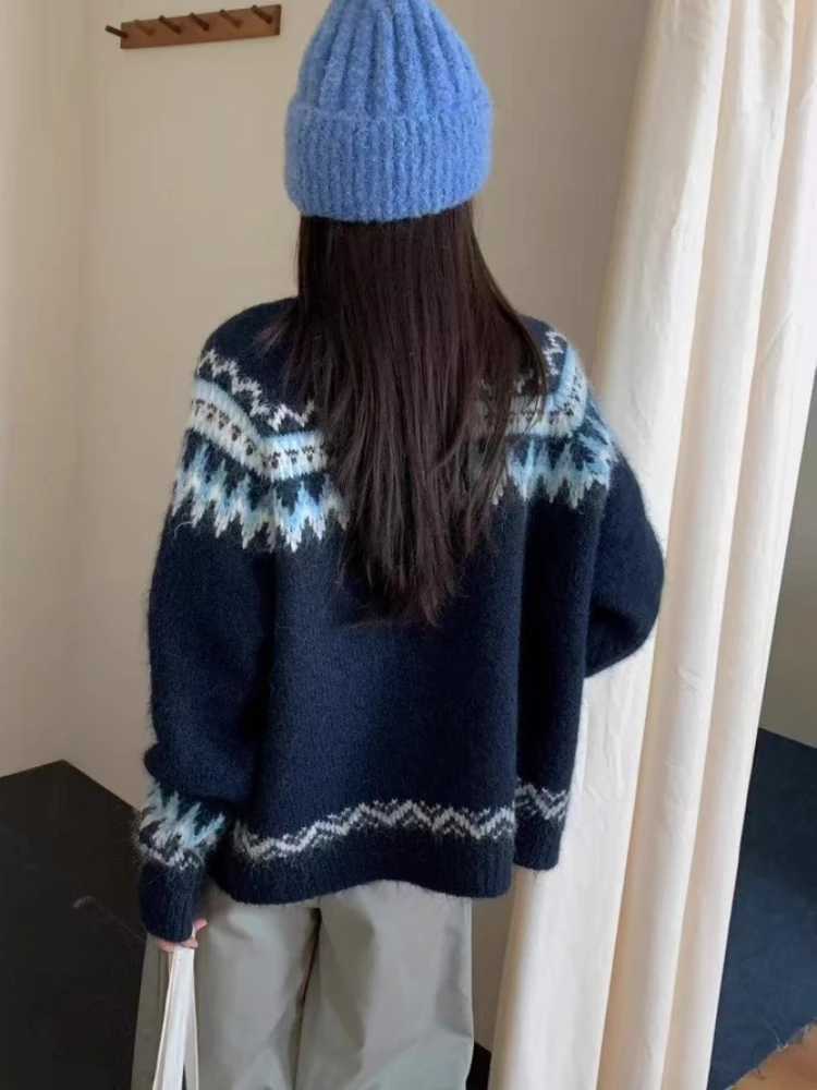 Autumn Winter New Fashion Knitted Women Cardigan Retro Jacquard Long Sleeve Sweater Casual Loose Knit O-neck Single-Breasted Top M260306