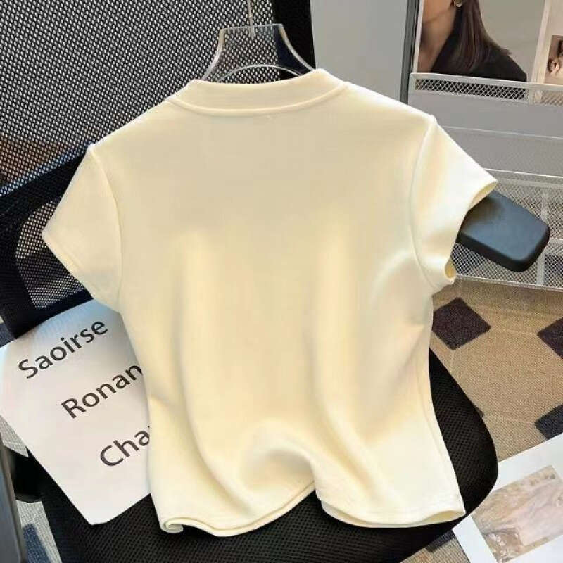 2026 Summer New Women Short Sleeve Pullover T-shirt Female Short Solid Color Tops Tees Ladies Stand Collar Casual T Shirts New Chinese Style