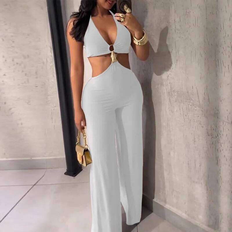 Elegant Halter Women's High Waist Romper Sexy V-Neck Sleeveless Hollow Out Jumpsuits Summer Backless Fit Pure Playsuits Overalls