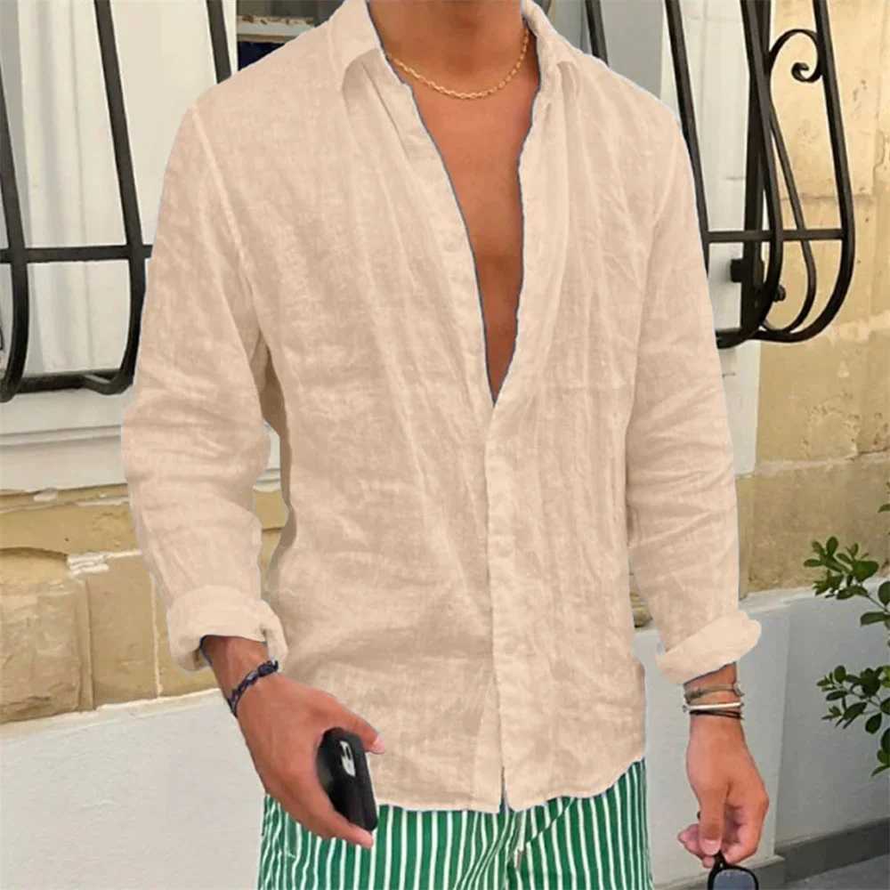 Mens Cotton Linen Shirt Lapel Collar Long Sleeve Solid Color Casual Loose Fit Breathable Male Basic Top Spring Autumn New M260305