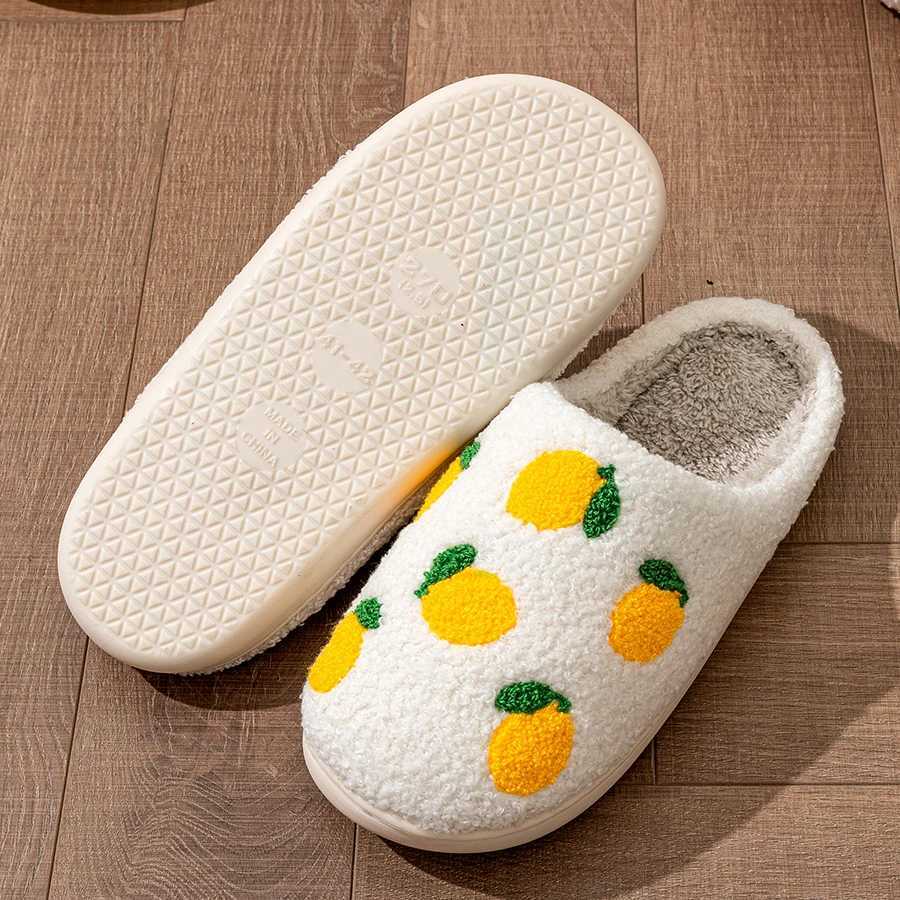 Lemon Embroidered Pattern Leisure Cute Home Womens Slippers Simple Winter Indoor Soft Sole Warm Bedroom Plush Shoes Comfy Fruit S260305
